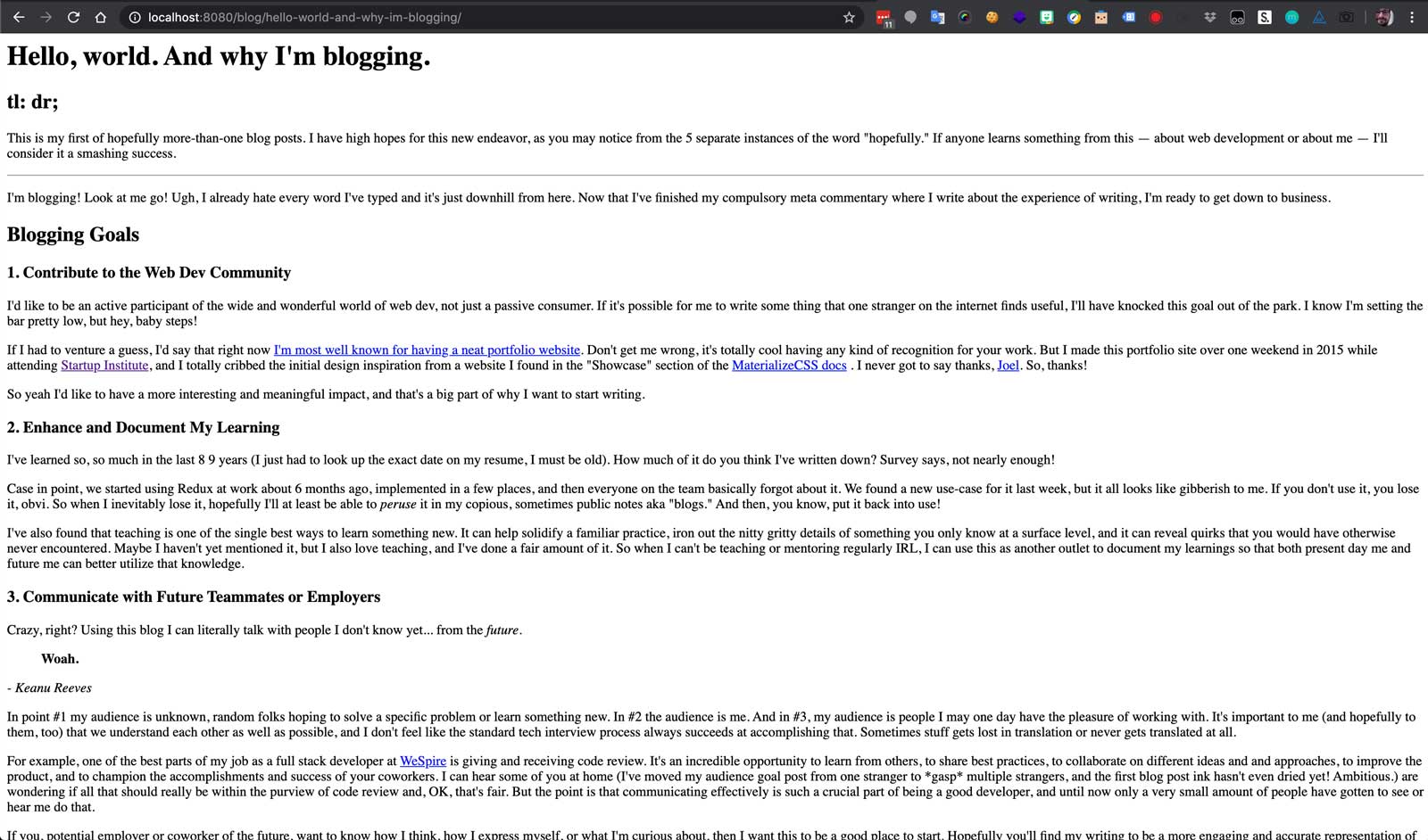 screenshot of this blog post hosted locally, with no CSS styling at all